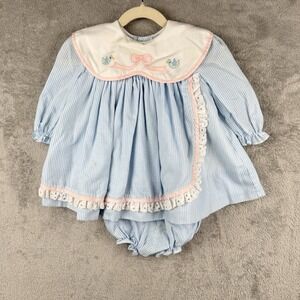 Jayne Copeland Pinafore Ruffled Dress Size 24 Mo Blue Pinstripe Pink Bow VTG 90s